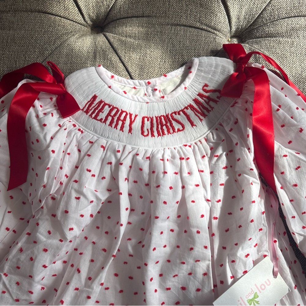 Cecil & Lou Smocked Dress Swiss Dot Lined Merry Christmas Cotton 3T - Picture 2 of 6